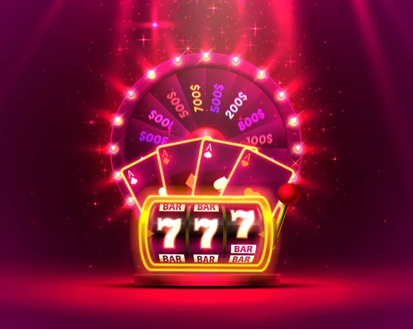 Casino neon renkli servet çarkı, Neon slot makinesi ikramiye kazanır. — Stok Vektör