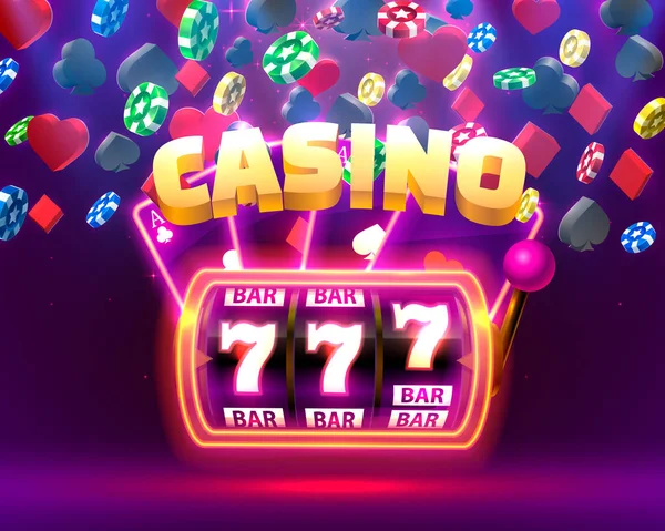 Casino neonový automat, hrací karty vyhrává jackpot. — Stockový vektor