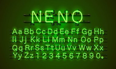 Neon yazı tipi şehir. Neon yeşil yazı tipi. Lamba yeşil yazı tipi. Alfabe yazı tipi.