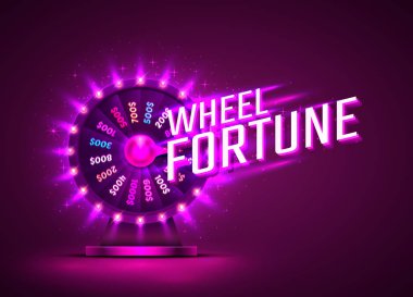 Casino Neon renkli servet tekerleği. mor arka plan.
