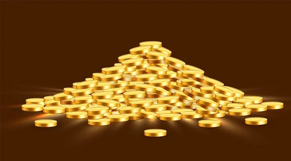 Золотые блестящие монеты со звёздами в куче. Куча старых металлических денег. Драгоценные сокровища . — стоковый вектор