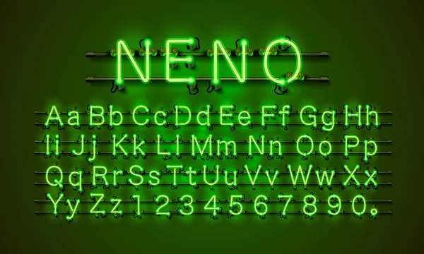 Neon lettertype stad. Neon groen lettertype. Lamp groen lettertype. Alfabet lettertype. — Stockvector