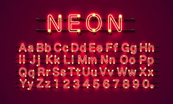 Neon city color red font. Alfabeto inglês e sinais de números . —  Vetores de Stock