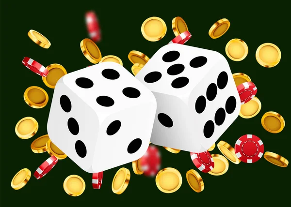 Dos dados, rodeados de explosión de moneda. Banner de la suerte. Concepto Casino . — Vector de stock