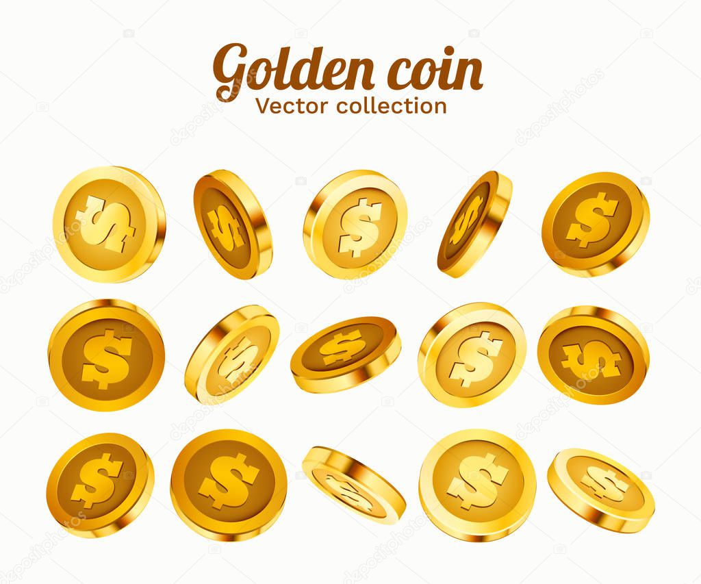 3d gold isolated coins set. Different positions. Flying gold coins, golden rain background. Jackpot or success concept.