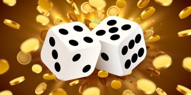 İki dices, parlak çerçeve ve sikke patlama ile çevrili. Şans afiş. Casino kavramı.