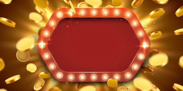 Casino cornice della lampada con oro realistico 3d monete di sfondo . — Vettoriale Stock