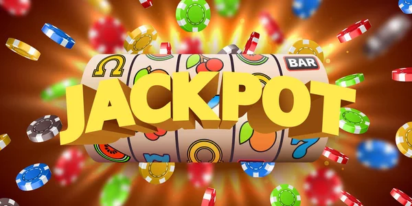 Slot machine met vliegende casino chips wint de jackpot. Groot win concept. — Stockvector