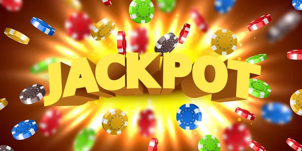 Jackpot jel repülő kaszinó zseton nyeri a jackpotot. Nagy győzelem koncepció. — Stock Vector