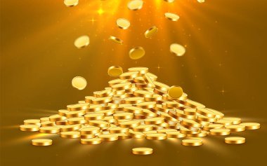 Altın parlak sikkeler. Büyük bir sürü eski metal parası. Değerli pahalı hazine.