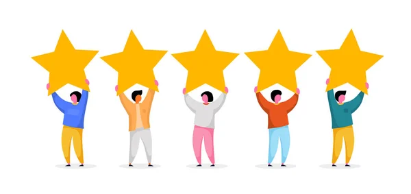 Five stars rating flat style vector concept. People are holding stars. Feedback consumer or customer review evaluation, satisfaction level and critic background. — 스톡 벡터