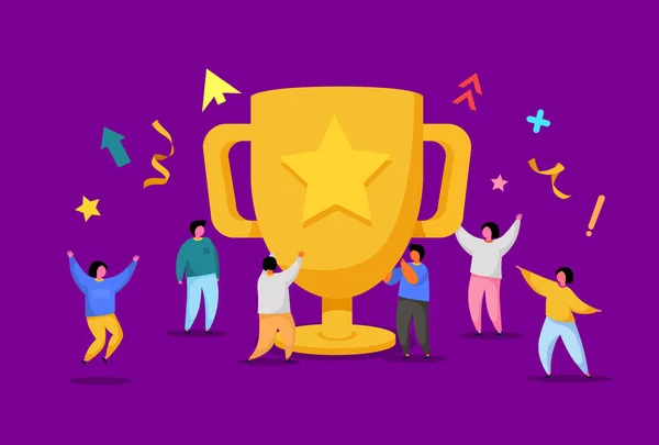 Business Team Success, Achievement Concept. Personnages Flat People avec Prix, Golden Cup. Des employés de bureau célèbrent avec un grand trophée . — Image vectorielle