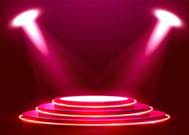 Spot ışıklarıyla aydınlatılmış soyut bir podyum. Ödül töreni konsepti. Sahne arkaplanı.