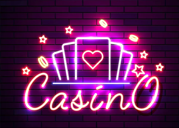Kaszinó póker jelek. Neon logók nyerőgép szerencsejáték embléma, a fényes banner neon kaszinó a projektek. Éjszakai lámpa hirdetőtábla, design elem. — Stock Vector