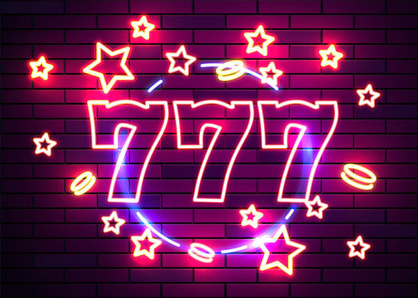 Casino slots signs. Neon logos slot machine gambling emblem, the bright banner neon casino for your projects. Night light billboard, design element.