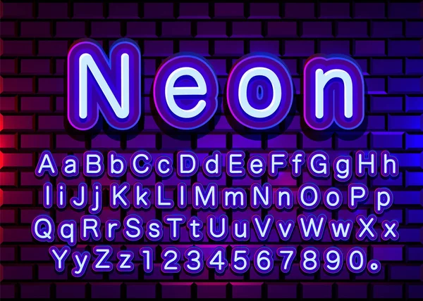 Neon lichtkleur blauw lettertype. Engels alfabet en getallen ondertekenen. — Stockvector