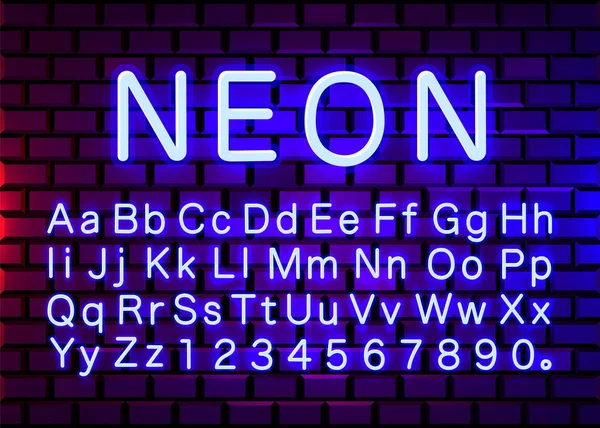 Neon lichtkleur blauw lettertype. Engels alfabet en getallen ondertekenen. — Stockvector