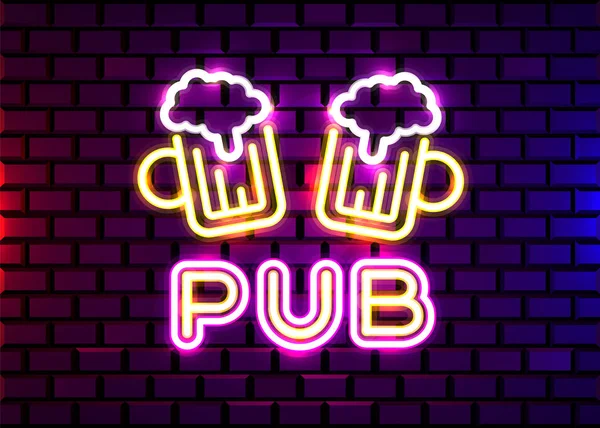 Retro neon Beer Bar sinal no fundo da parede de tijolo. Design de néon para bar, pub ou restaurante. Cerveja artesanal . — Vetor de Stock