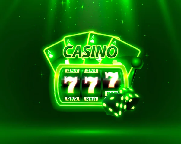 Casino Neon cubierta, máquinas tragamonedas y ruleta con tarjetas, Escena de arte de fondo — Vector de stock