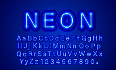 Neon şehir renk mavi yazı tipi. İngilizce alfabe ve sayı işareti.