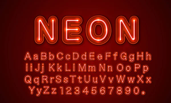 Neon city color red font. Alfabeto inglês e sinais de números . —  Vetores de Stock