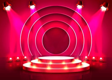 Sahne podyumu ışıklandırmalı, Sahne Podyumu Sahnesi Kırmızı Arkaplan Ödül Töreniyle.