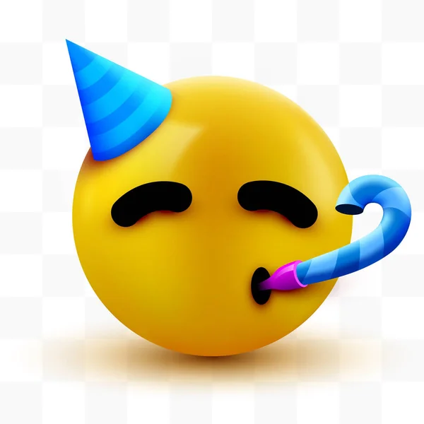 Cara de fiesta emoji - cara amarilla con un sombrero de fiesta soplado y cuerno de fiesta . — Vector de stock