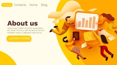 Küçük 3 boyutlu uçan insanlar birlikte çalışarak iş çözümleri üretiyor. Takım çalışması konsepti.