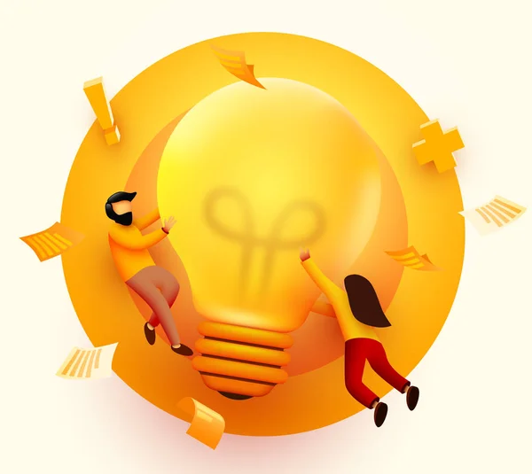 3d Zakenmensen met Big Light Bulb Idea. Innovatie, brainstormen, Creativiteit Concept. Personages die samenwerken aan nieuw project. — Stockvector