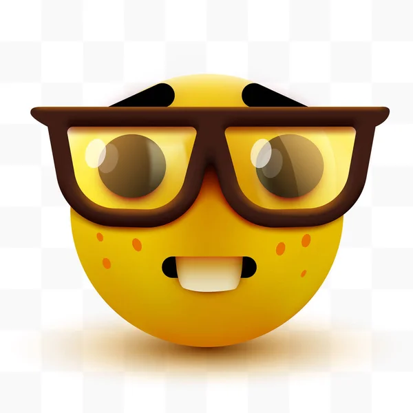 Emoji cara de nerd, emoticono inteligente con gafas. Geek o estudiante . — Archivo Imágenes Vectoriales