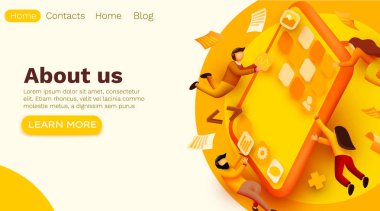 Küçük insanlar ve dev akıllı telefonlar olan modern afişler. mobil uygulama tasarımı. Kullanıcı arayüzü geliştirme kavramı. Küçük insanlar uygulama yapıyor. Web sitesi şablonu.