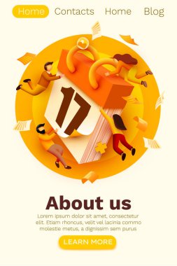 Minik insanlar ve dev takvimlerle modern afişler. Karakterli planlama takvimi pankartı. Zaman yönetimi, planlama etkinlikleri ve organizasyon. Web sitesi şablonu.