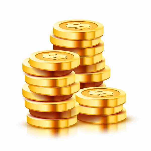 Groeiende stapel gouden dollar munten geïsoleerd op witte achtergrond. Economie concept. — Stockvector