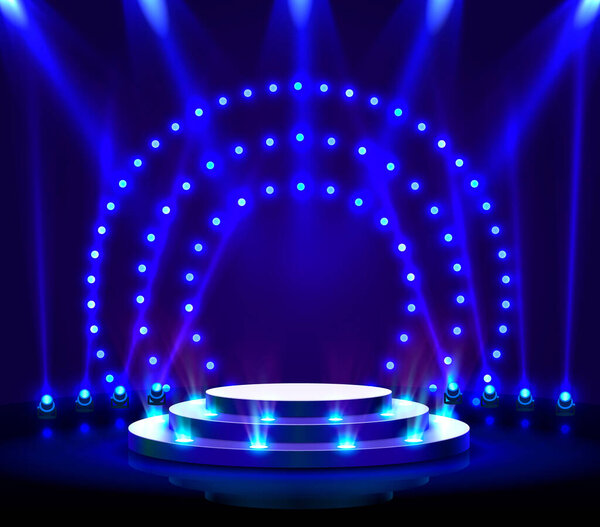 Stage podium with lighting, Stage Podium Scene with for Award Ceremony on blue Background.