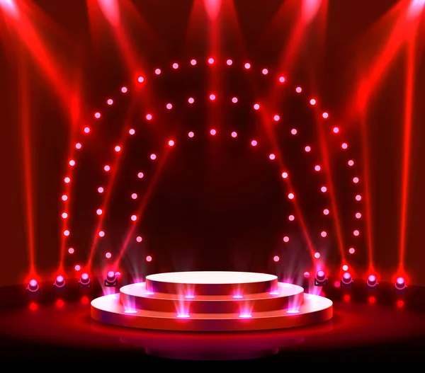Scena podium z oświetleniem, Scena Podium z ceremonią wręczenia nagród na czerwonym tle. — Wektor stockowy