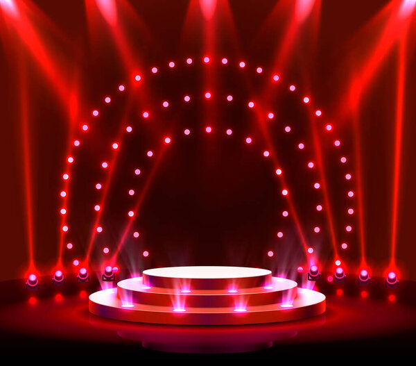 Stage podium with lighting, Stage Podium Scene with for Award Ceremony on red Background.