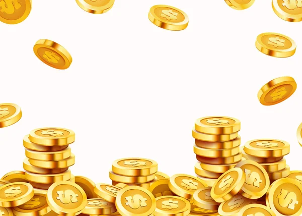 Monete cadenti, soldi cadenti, monete d'oro volanti, pioggia dorata. Jackpot o concetto di successo. Sfondo moderno. — Vettoriale Stock