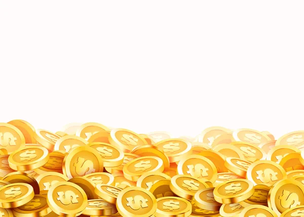 Gyllene blanka mynt. Stort gäng gamla metall pengar. Dyrbar dyr skatt. — Stock vektor