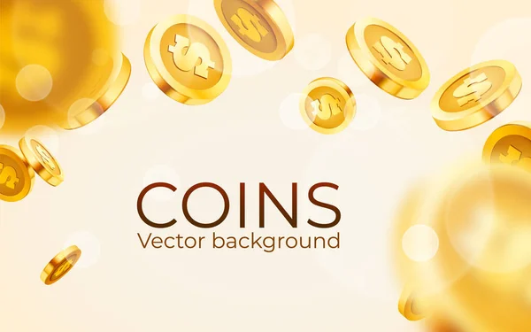 Padající mince, padající peníze, létající zlaté mince, zlatý déšť. Jackpot nebo koncept úspěchu. Moderní pozadí. — Stockový vektor