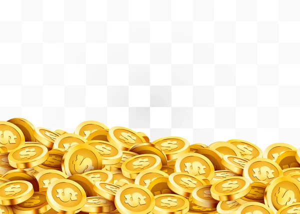 황금 빛나는 동전입니다. 오래된 금속 돈의 큰 무리. 귀중한 고가의 보물. — 스톡 벡터