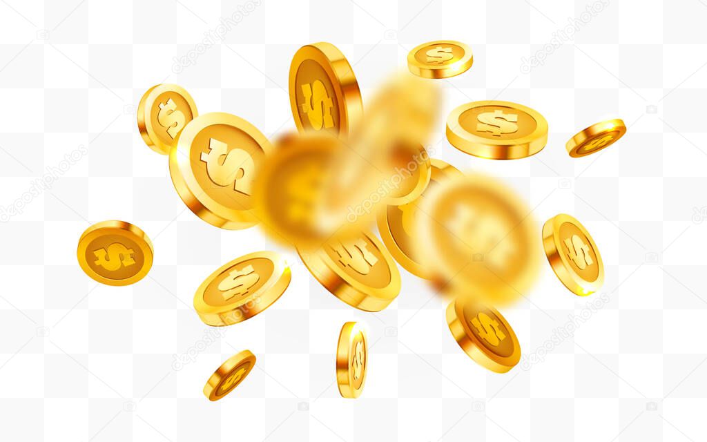 Falling coins, falling money, flying gold coins, golden rain. Jackpot or success concept. Modern background.