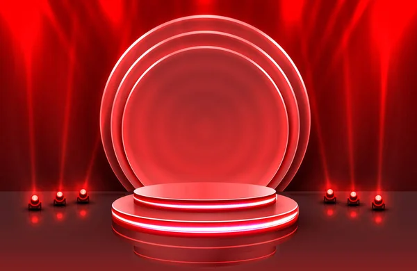 Visa ljus, scen podium scen med för prisutdelning på röd bakgrund. — Stock vektor