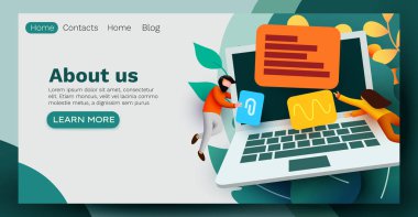 İnsanlar büyük bir dizüstü bilgisayarın etrafında uçuyor. Bilgisayar hizmeti ya da geliştirme konsepti. Web sayfası, afiş, sunum. Karakterlerle çevrimiçi anket.