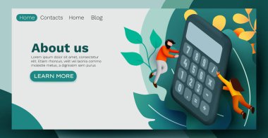 İnsanlar büyük hesap makinesinin etrafında uçuyor. Muhasebe ve analitik kavram. Web sayfası, afiş, sunum. Yatırım ya da iş hesaplama.