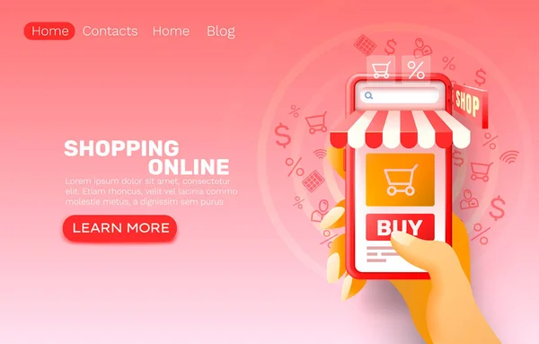 Smartphone nakupování online aplikace, web market banner, prodej obchod. — Stockový vektor
