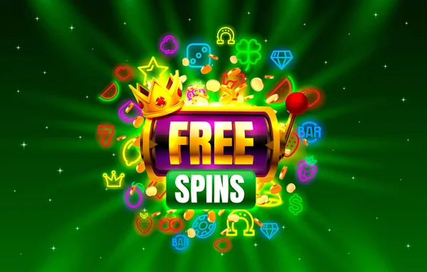 Casino free spins Spielautomaten Neon-Symbole, goldene Spielautomaten, Nacht Vegas. — Stockvektor