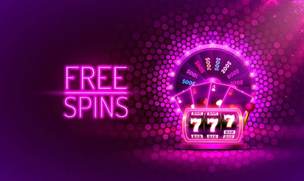 Casino free spins slots neon, 777 slot sign machine, night Vegas. — Stock Vector