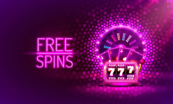 Casino free spins slots neon, 777 slot sign machine, night Vegas.