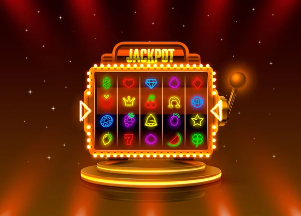 Ícones de néon de slots de jackpot, máquina de sinal de slot de casino, noite Vegas . —  Vetores de Stock