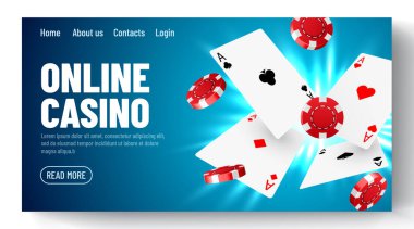 İnternetteki kumarhane. İnternet poker oyunu için web iniş sayfası şablonu ya da afişi. Kumar illüstrasyonları uçan poker kartları, çipler oyun unsurları.